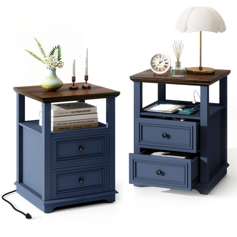 18 Inch Wide Nightstand With Charging Station, Side Table With Open Shelf, 2 Drawers Wood Dresser, End Table For Bedroom & Living Room
