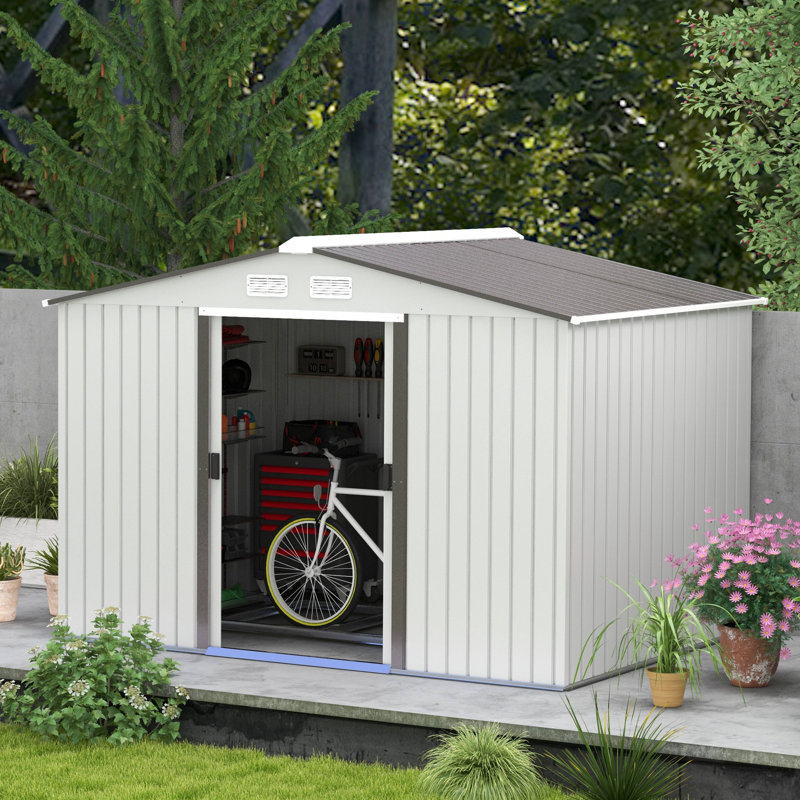 Outsunny 9 x 6ft Metal Garden Shed, Outdoor Storage Tool House with Ventilation Slots, Foundation Kit and Lockable Double Doors, Green