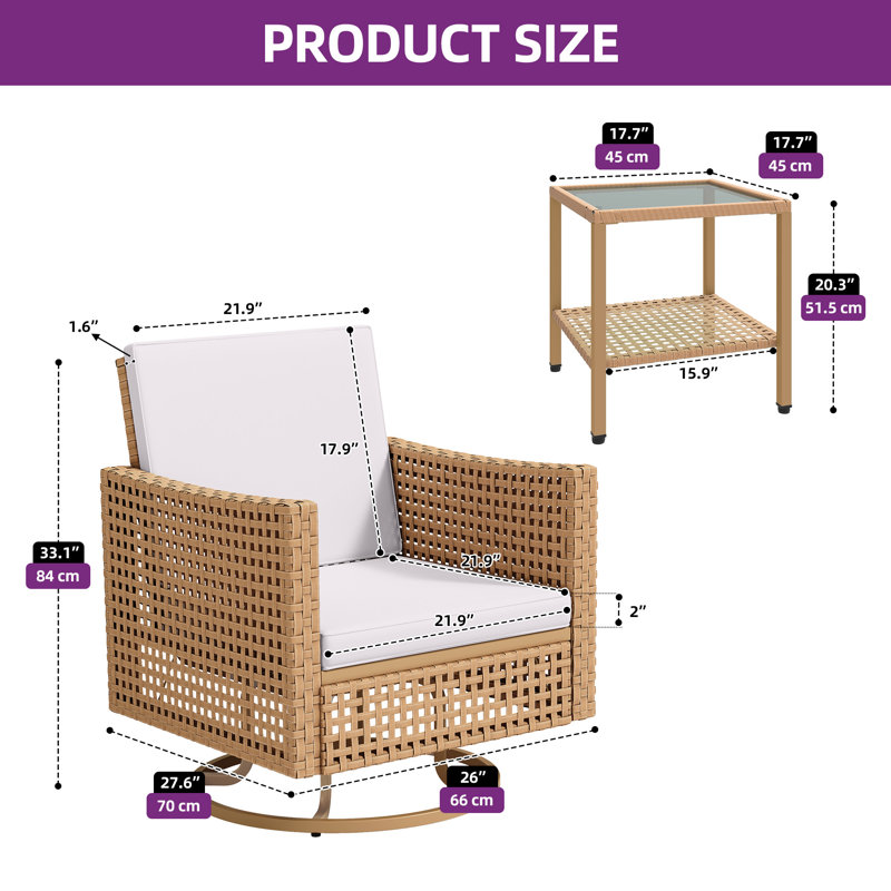  Chaises berçantes d'extérieur pivotantes avec table d'appoint en rotin, Brun, Beige