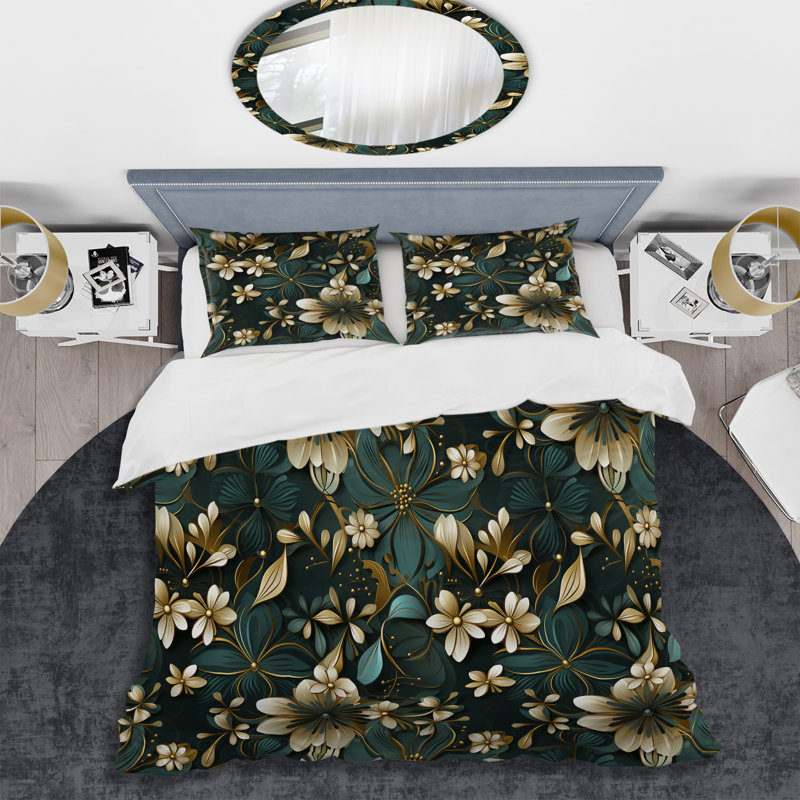 Ensemble de housse de couette à motif géométrique Gold Victorian Ornate Floral Elegance I