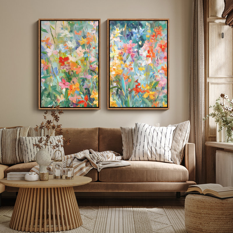 «Vibrant Floral Field», impression murale encadrée 2 pièces, H 24 po x l 16 po, Naturel