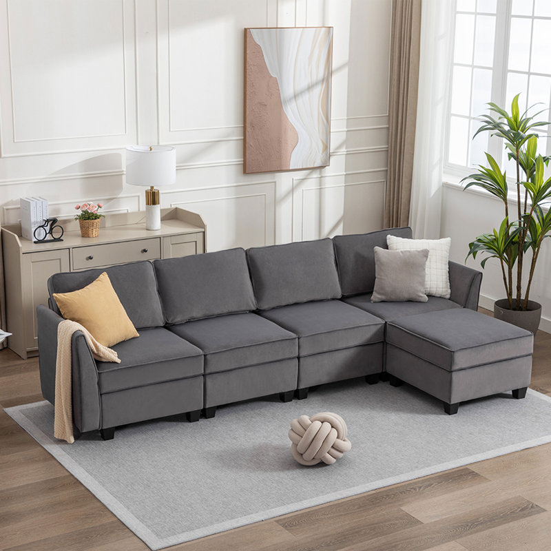 Canapé modulaire à méridienne 5 pièces Marai, Velours gris foncé