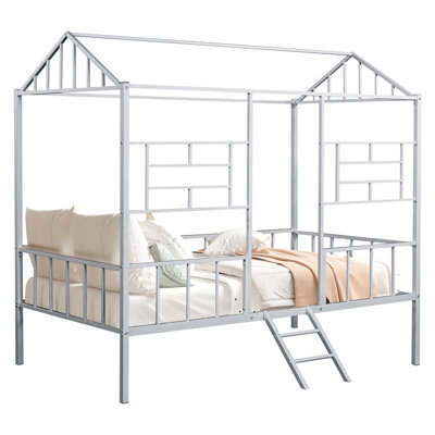 Silver Twin Bunk Bed With Contemporary Aesthetic, House - Inspired Design, Full Metal Framework And Angled For Bedroom Setup Build Furnishing