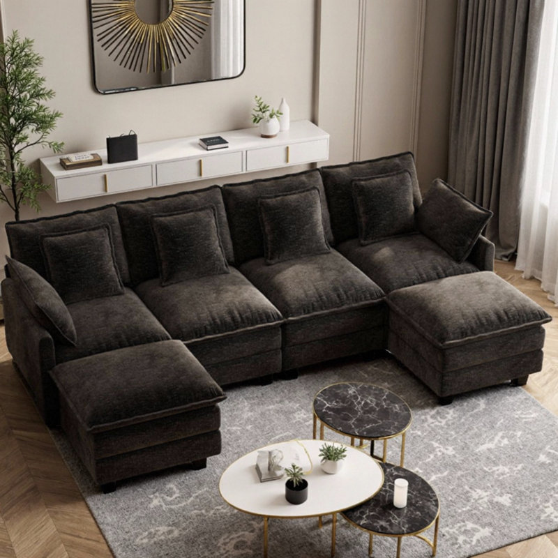 George 6-Piece Upholstered Chenille U Shaped Sectional Sofa with Two Ottomans, Black