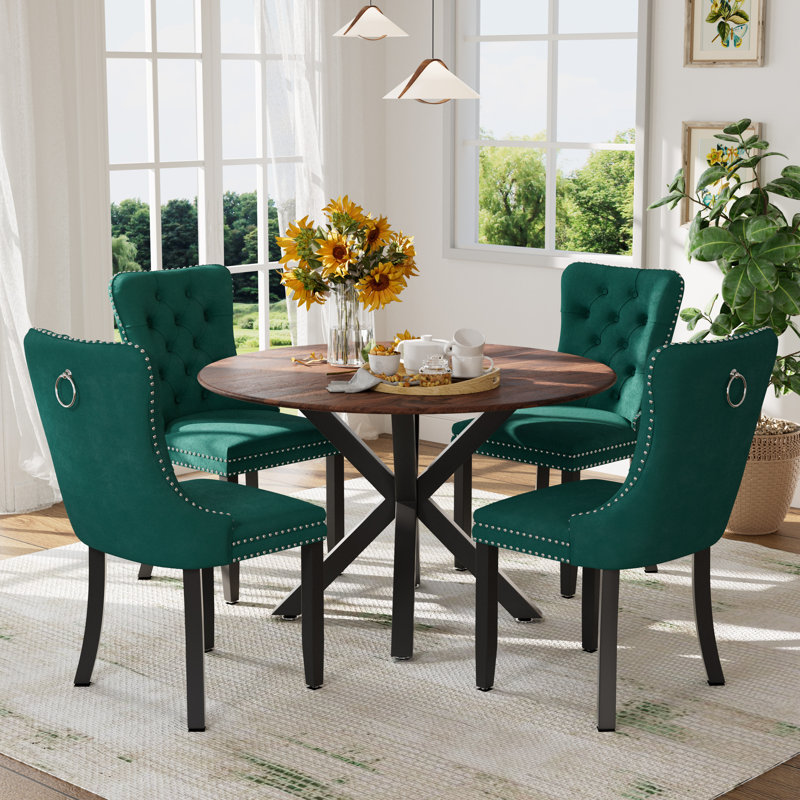 Ensemble de table et chaises de cuisine rondes pour 4, Noir, noir, noir, noir, Vert / noir
