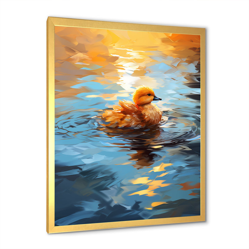 «Yellow Duck Morning Quack Lake» - art mural animal canard, Cadre doré simple, H 44 po x l 34 po x P 1,5 po