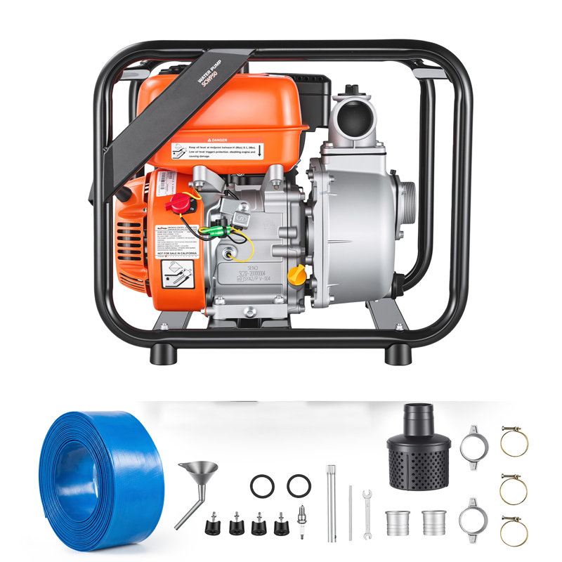 Pompe à eau alimentée au gaz, pompe de transfert d'eau semi-poubelle portative 142 GPM 7HP 2 po, moteur à essence avec tuyau de refoulement de 25 pi, structure robuste, roue en fonte, pour l'irrigation, les étangs, les piscines