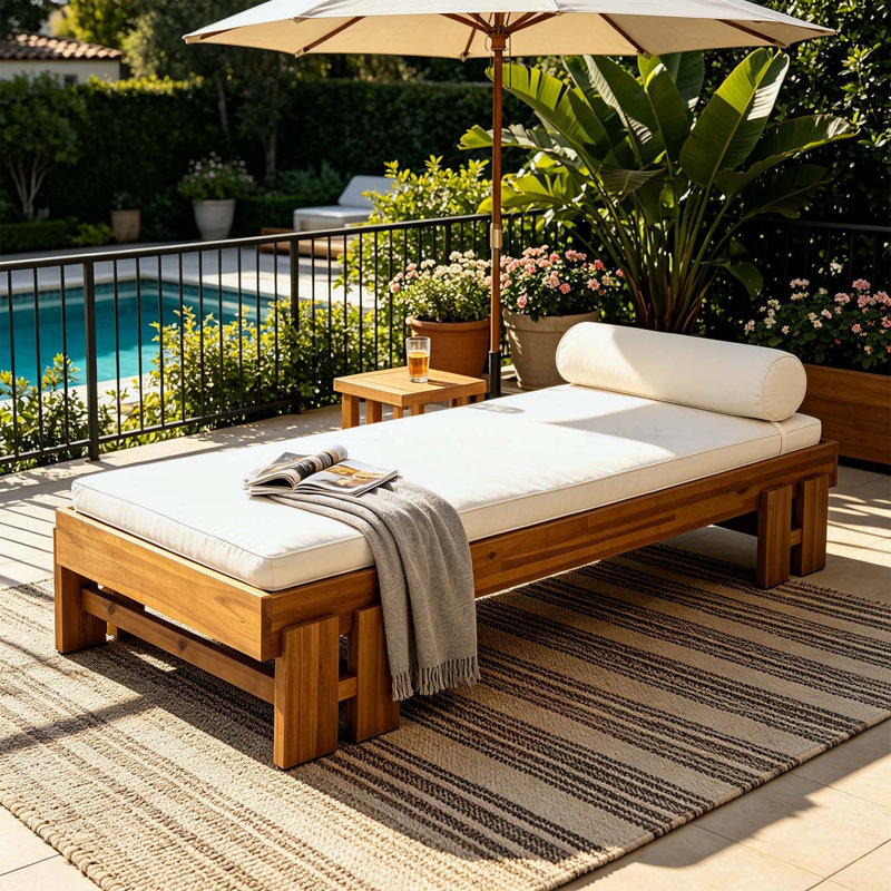 Lit de jour en bois d'acacia au fini teck avec coussin et coussin crème, capacité de poids de 600 lb, utilisation intérieure / extérieure, housse de coussin lavable, conception moderne à profil bas pour le salon de patio