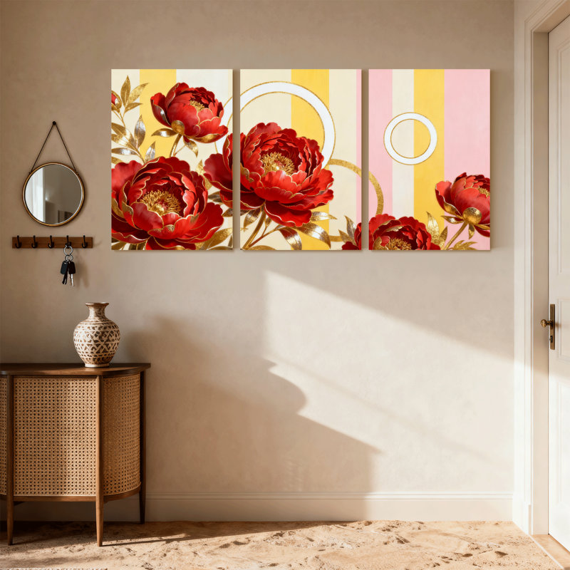 Plantes et fleurs, pivoines rouges, feuilles dorées, fond rayé, ensemble de 3 impressions murales sur toile