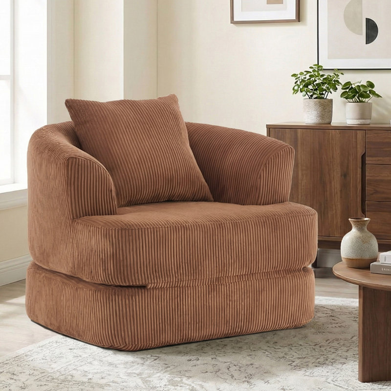 Fauteuil demi-tonneau d'appoint convertible surdimensionné rembourré, Velours côtelé orange