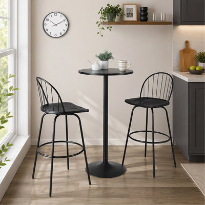 Tabouret de bar 30 po à hauteur fixe avec pivot en métal noir, bois noir et similicuir noir avec repose-pieds rond en métal noir - ensemble de 2