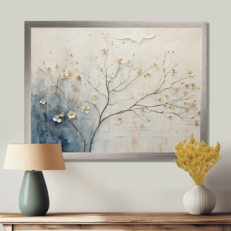 Minimalisme beige et bleu campagne - campagne encadrée, art mural, H 30 po x l 40 po x P 1,5 po, Cadre simple argenté