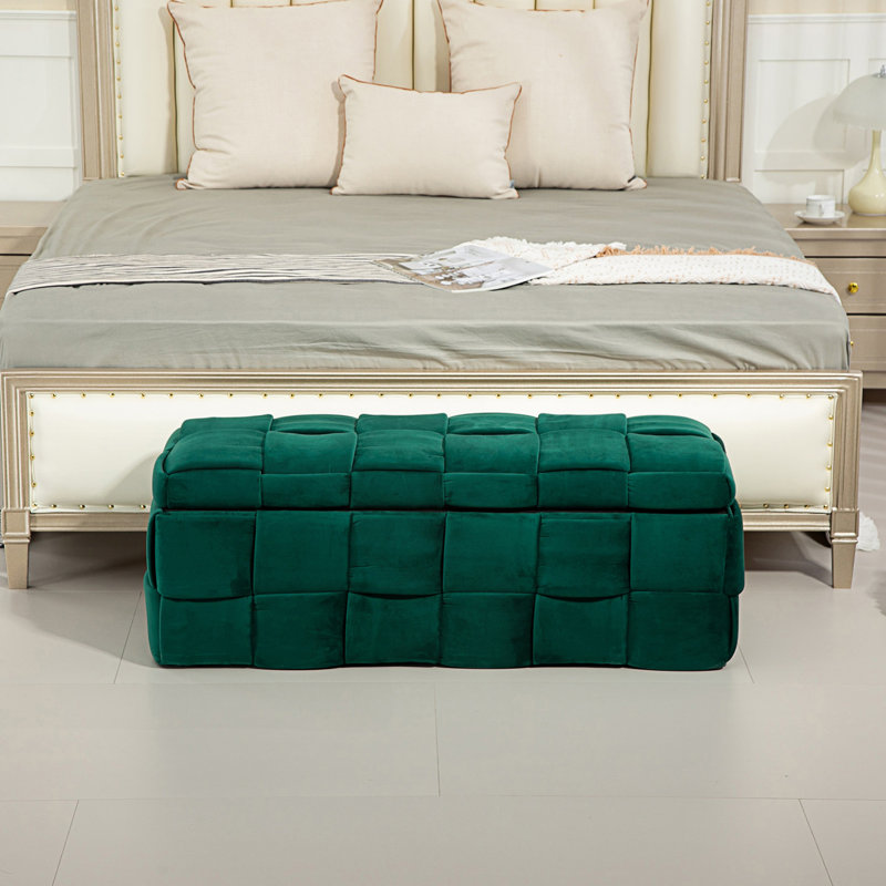 Pransh Velvet Upholstered Storage Bench, Green