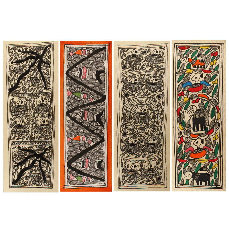 Peintures traditionnelles Madhubani (ensemble de 4) | Madhubani Peinture
