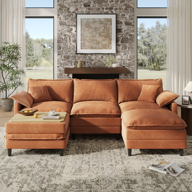 108'' Comfy  U Shaped Sectional Modular Deep 5-Piece Cloud Sofa with Ottomans- Premium Fabric, Orange Corduroy