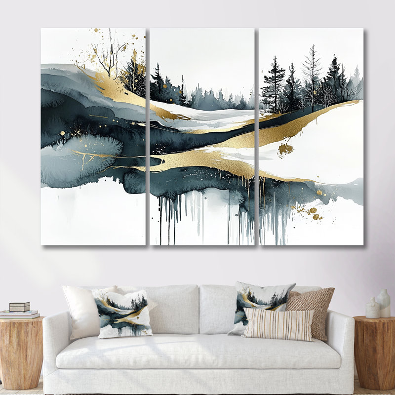 «Black Winters Hush Landscape III», ensemble d'art mural paysage d'hiver, Toile avec cadre flottant noir