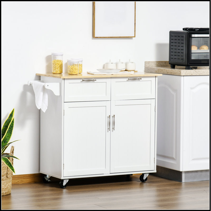 Modern Rolling Kitchen Island with Rubberwood Top and Drawers, Perfect for Enhanced Storage and Functionality in Any Kitchen