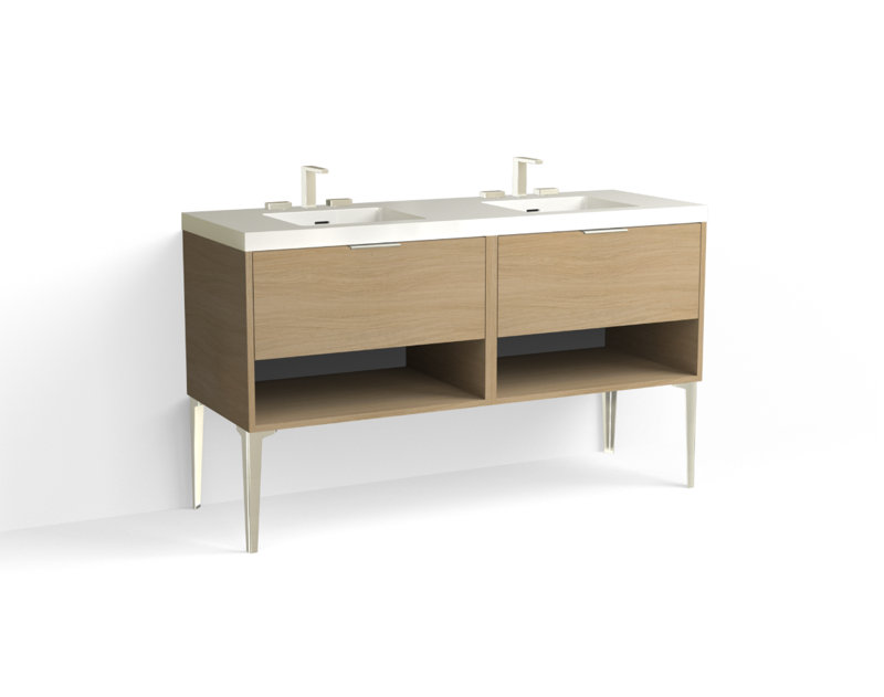 Modo 60" W Freestanding Double Bathroom Vanity with Dean Leg, Matte White/8" Widespread, Biondo, Polished Nickel