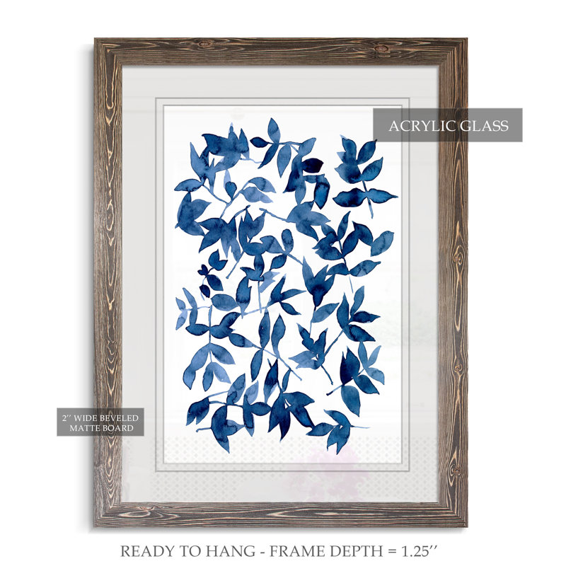 « indigo fallen leaves ii »-peinture sur papier encadrée, H 44 po x l 32 po x P 1,25 po, Cadre espresso