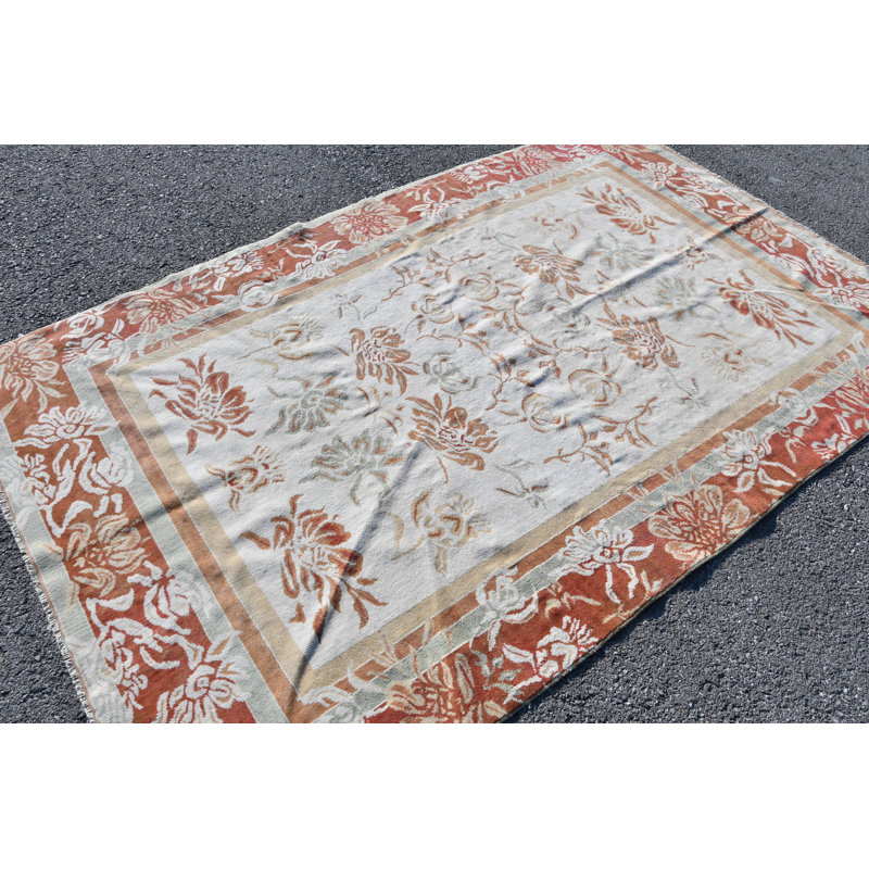 Tapis Oushak turc fait à la main - design oriental rétro discret pour le salon beige / rose