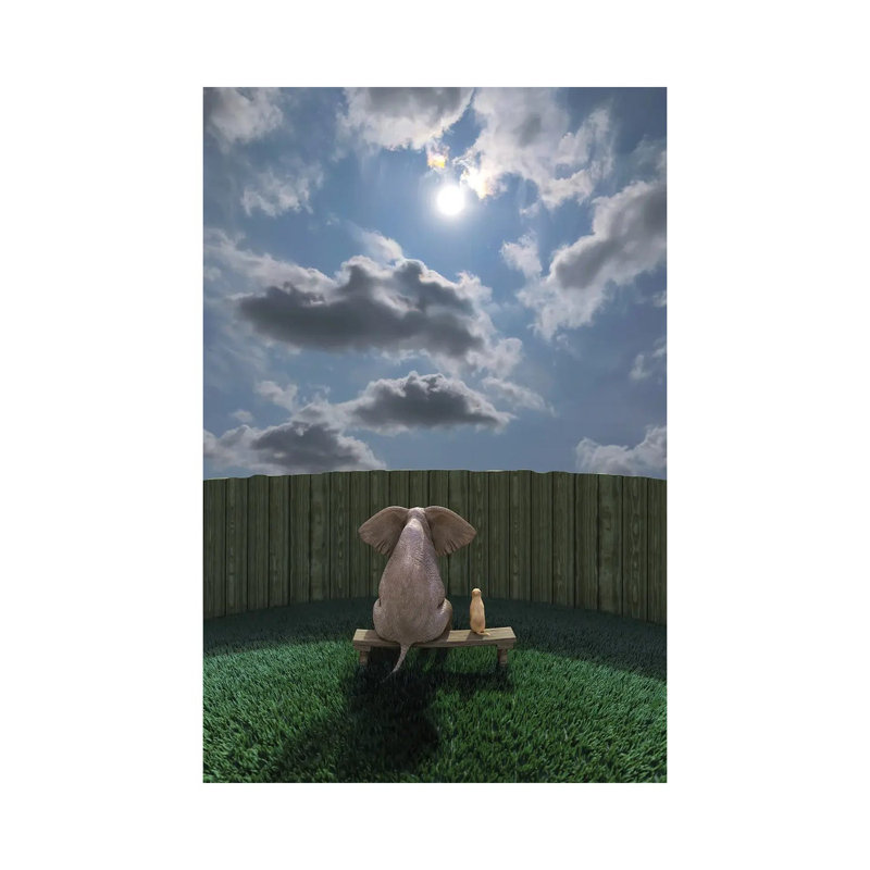 Elephant And Dog Sit By The Fence And Look At The Sky by Mike Kiev - Wrapped Canvas Painting