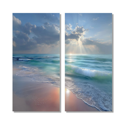 «White and Pink Sunset Gentle Waves - Beach Wall Art, White Coastal, reproduction sur toile 2 pièces