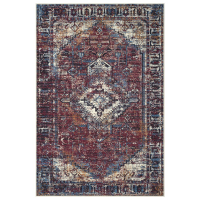 GLN Rugs Vintage Collection - Machine Washable Area Rug, Vintage Washable Rug, Non Slip Area Rug, Low Pile Living Room Rug, Bedroom Rug, Bathroom Rug - Easy Clean (Burgundy Rug)