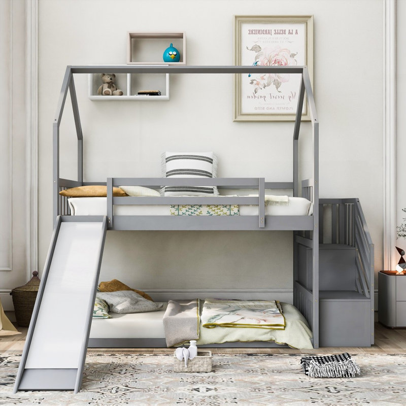 Lit simple superposé avec glissade convertible Escalier de rangement (pas besoin de sommier, bois de pin robuste), gris