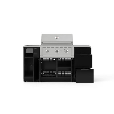 Ensemble d'armoires d'extérieur en aluminium noir 5 pièces avec évier, 3 tiroirs, armoire de barbecue, gril au propane liquide 33 po et comptoir en acier inoxydable 16 po