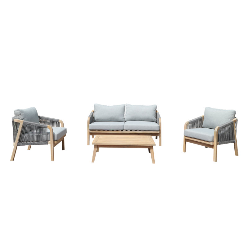 Naila Acacia 4-Person Patio Conversation Set with Cushions, written in the polished, high-conversion tone Wayfair uses — highlighting the acacia frame, rope accents, modern cushions, and that the chair and sofa come assembled.