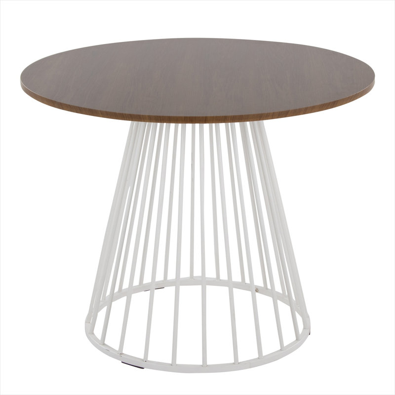 Table de salle à manger ronde contemporaine avec base sculpturale en métal blanc et plateau en bois massif brun riche, 4 places assises, 37,75 po de diamètre