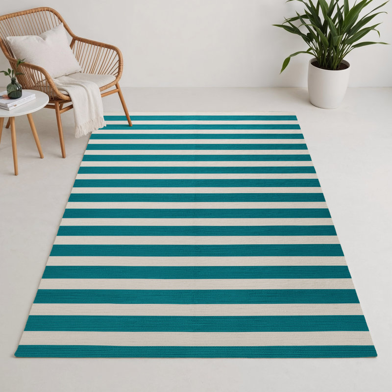 Tapis intérieur / extérieur blanc HorizontalStripes, Rectangle 5 pi x 7 pi