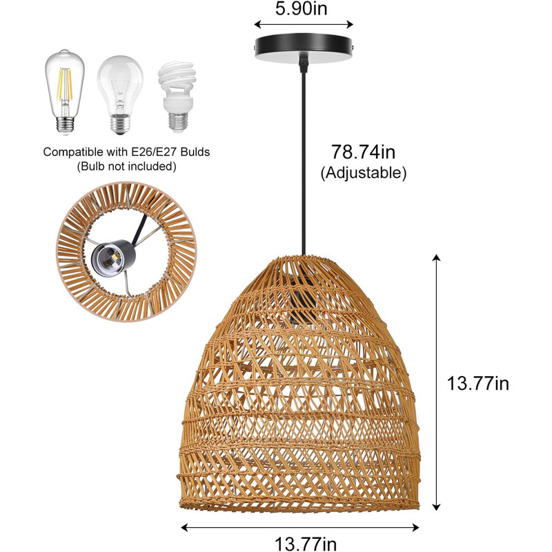 Handcrafted Rustic Rattan Woven Pendant Light, Vintage Farmhouse Chandelier For Living Room, Bedroom