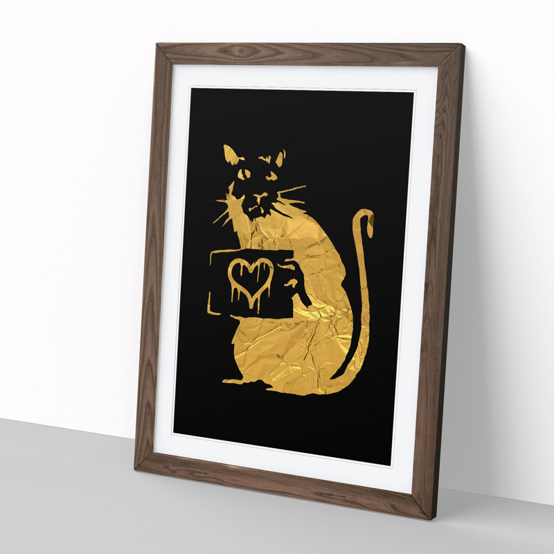 Banksy in Gold Rat with Heart - Picture Frame Graphic Art, Walnut Framed, 90cm H x 65cm W x 2cm D, Black/Gold/Cream