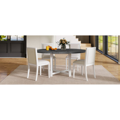 Extendable Dining Table For 4, Round Table, Upholstered Chairs, Removable Leaf, Gracefully Legs, Comfortable Casual 5 - Piece , X Shaped , Expandable by Ophelia & Co.
