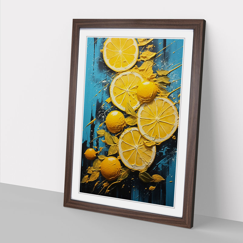 Sliced Lemon Hard Edge - Single Picture Frame Print on Wood, 64cm H x 46cm W x 2cm D, Walnut