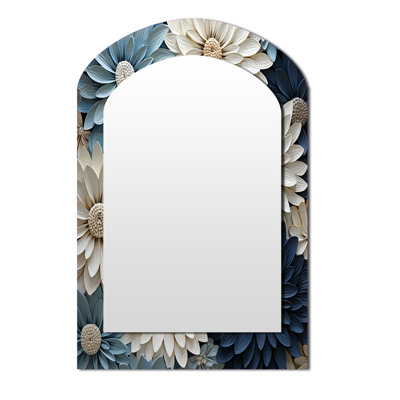 Blanc et bleu zinnias Bounty - miroir unique asymétrique Zinnias, grand miroir mural arqué blanc, impression d'art en métal