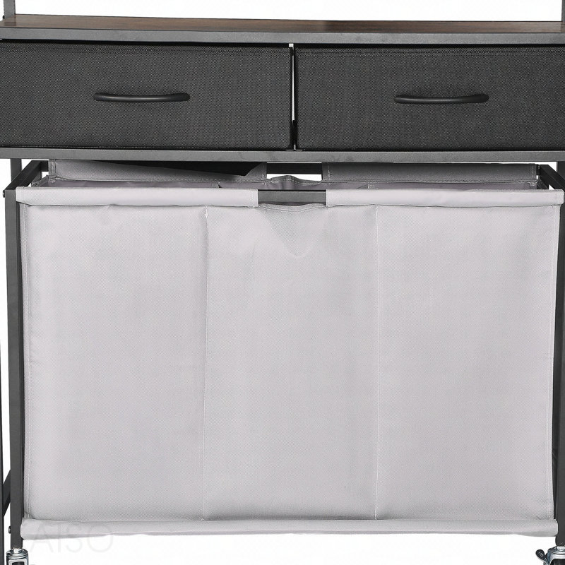 Trieur de linge à 3 sections, panier à linge roulant avec 2 tiroirs, crochets et roulettes, rangement pour panier à roulettes avec sacs à roulettes coulissants et plateau en bois pour les vêtements sales, salle de bain