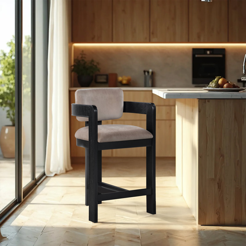 Tabouret rembourré Sacha Howley, Noir, Velours, Taupe
