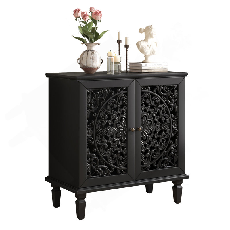 Vintage Hollow-Carved Accent Cabinet, 2-Door Display Storage Sideboard With Symmetrical Floral Design, Adjustable Shelf And Solid Wood Legs For Living Room Entryway (Black)