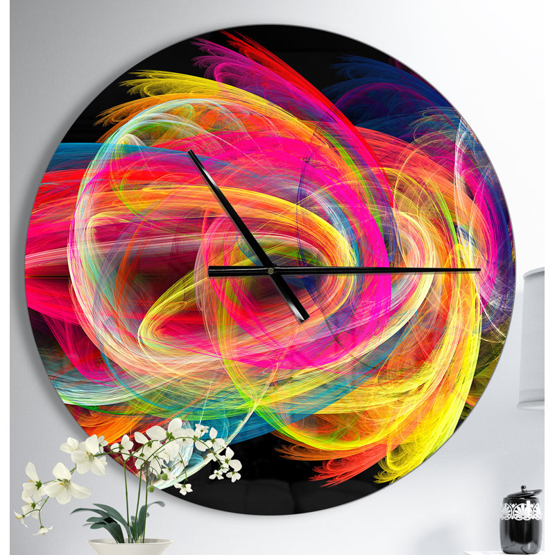 Horloge murale moderne colorée et épaisse en noir, Surdimensionné, Noir / Jaune / Rose