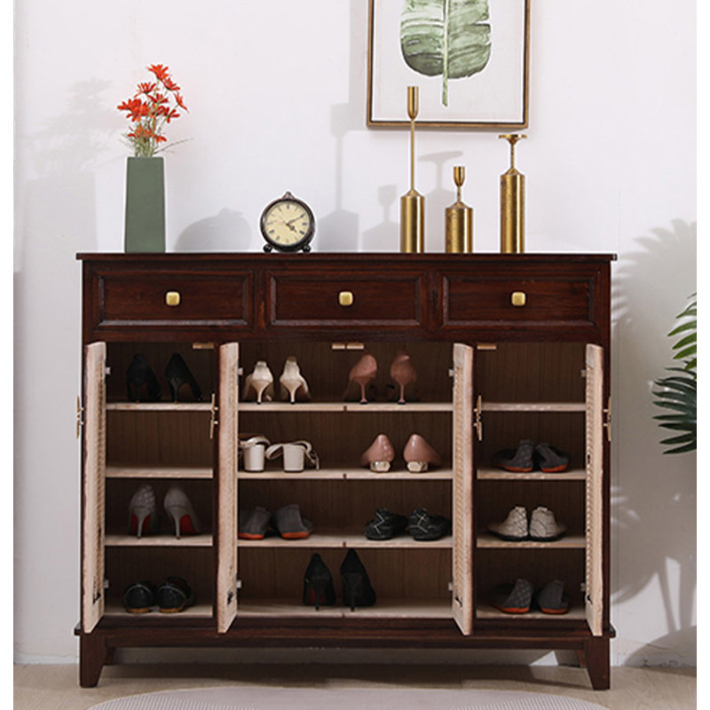 Armoire à chaussures minimaliste en rotin et bois de paulownia massif, Brun