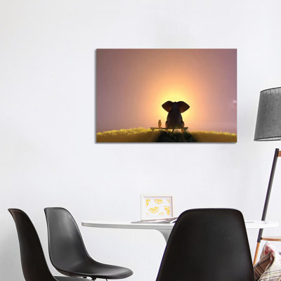 Elephant And Dog Sit On A Bench And Watch A Foggy Sunrise by Mike Kiev - Wrapped Canvas Print