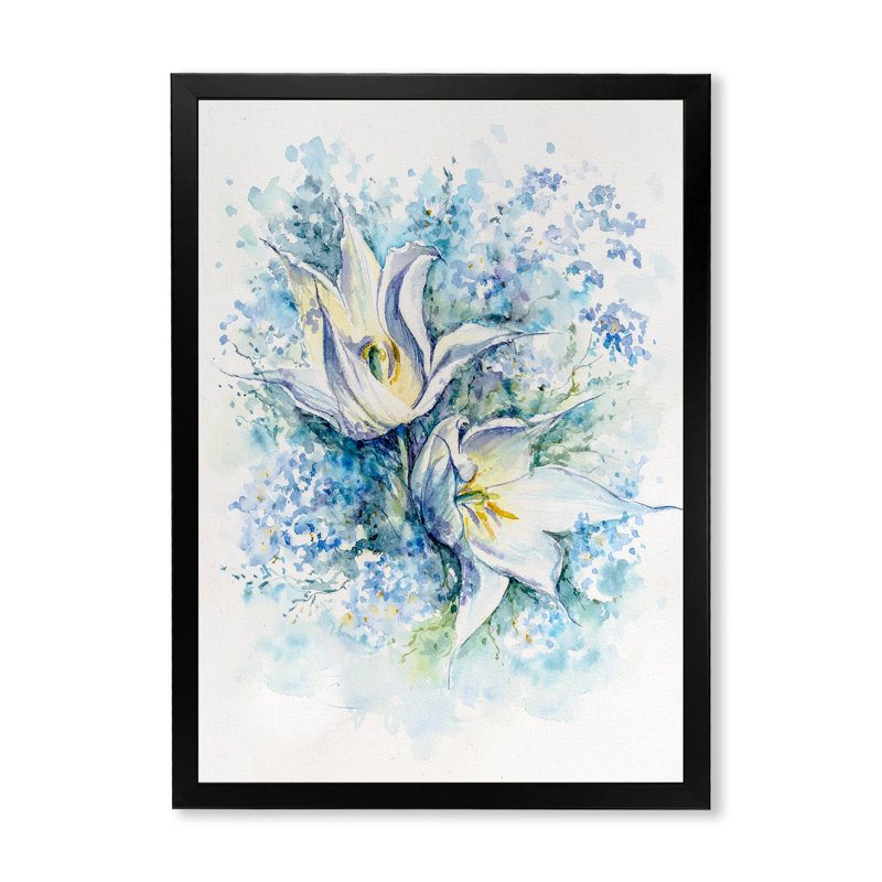 Deux tulipes blanches et bleues - reproduction sur toile, Cadre noir, H 20 po x l 12 po x P 1 po