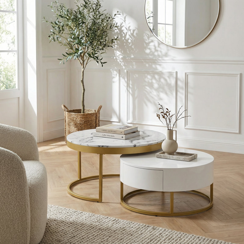 Table basse gigogne ronde moderne avec tiroirs aux accents blancs et dorés, conception peu encombrante avec solutions de rangement pour les salons