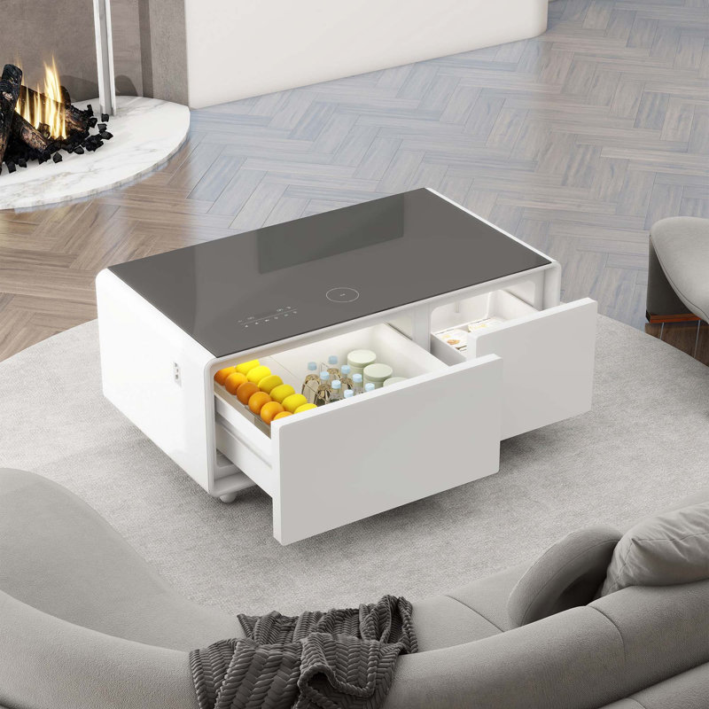 Table basse intelligente avec réfrigérateur intégré, haut-parleur Bluetooth, chargement sans fil, panneau de commande tactile, ports USB, protection de prise de courant, lumière d'ambiance