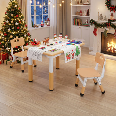 Kids Table And 2 Chairs Set, Height Adjustable Toddler Desk And Chair Set(beige)