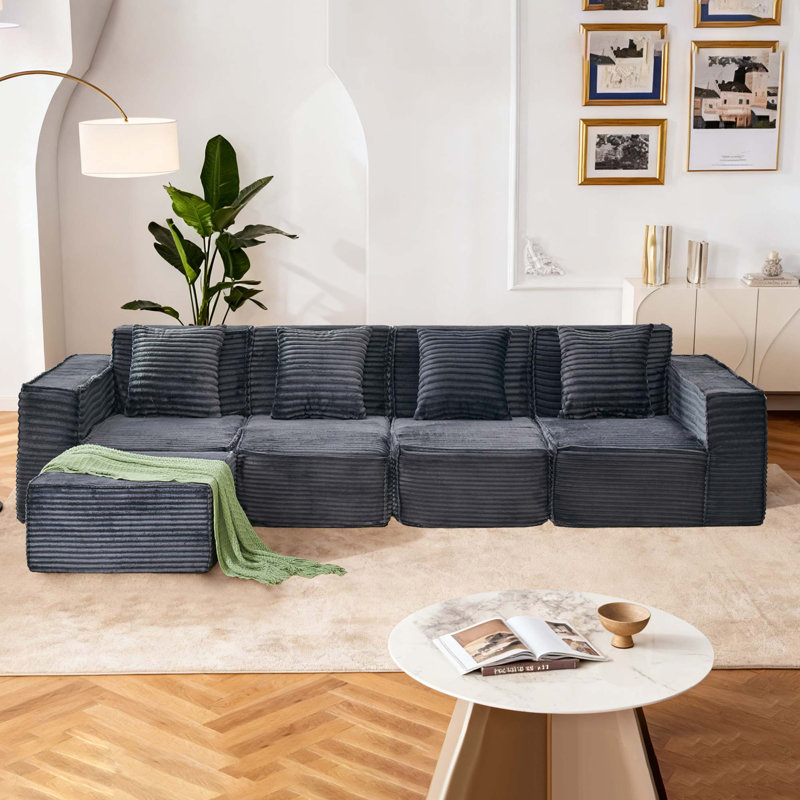 Modular L-Shaped Sectional Sofa with Ottoman and High-Density Foam, Dark Gray