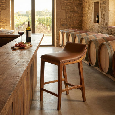  Tabouret avec siège en cuir véritable brun clair et base en bois de teck massif avec têtes de clous en laiton Luisa