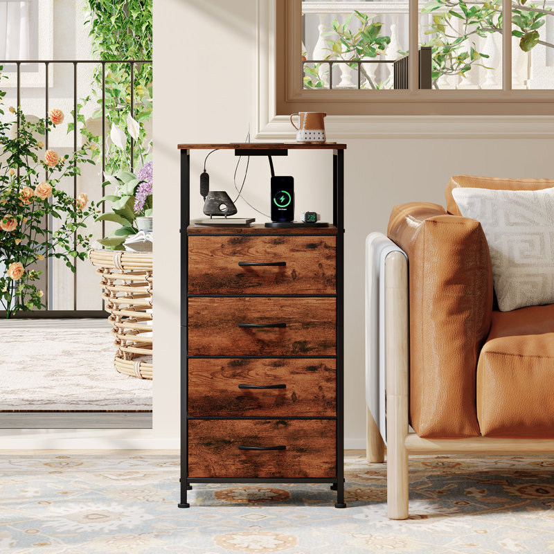 Commode pour chambre à coucher, table de chevet 4 tiroirs avec station de charge, DEL et tablette ouverte, imprimé grain de bois